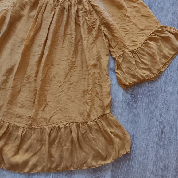 Womens Dress Medium Mini Peasant Bell Sleeve Ruffle Golden Fairy Cottage Beachy - Picture 4 of 10
